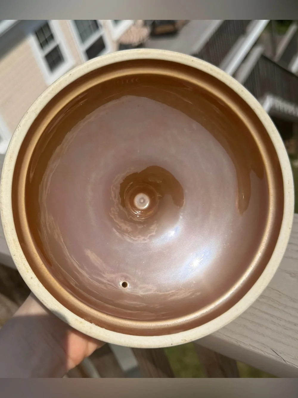 1922-23 Petroscan Ohio Pottery Co. Casserole/Lid, Iridescent Caramel Glaze 7.75”